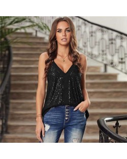 Sequins Shining Fashion Thin Strap Design Women Top - Black