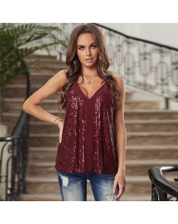 Sequins Shining Fashion Thin Strap Design Women Top - Red