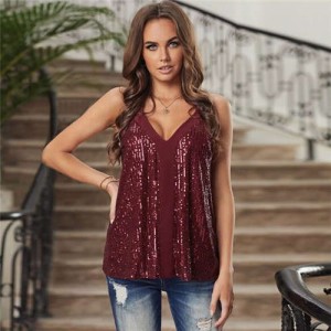 Sequins Shining Fashion Thin Strap Design Women Top - Red