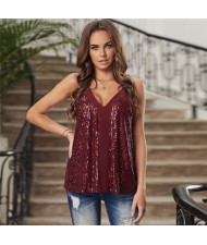 Sequins Shining Fashion Thin Strap Design Women Top - Red