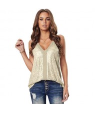 Sequins Shining Fashion Thin Strap Design Women Top - Apricot