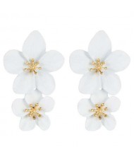 Golden Stamen Dual Flowers Bohemian Fashion Tassel Design Women Earrings - White