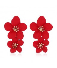 Golden Stamen Dual Flowers Bohemian Fashion Tassel Design Women Earrings - Red