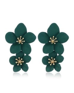 Golden Stamen Dual Flowers Bohemian Fashion Tassel Design Women Earrings - Dark Green