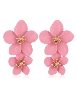 Golden Stamen Dual Flowers Bohemian Fashion Tassel Design Women Earrings - Pink