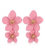 Golden Stamen Dual Flowers Bohemian Fashion Tassel Design Women Earrings - Pink