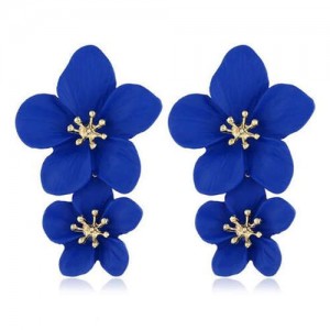 Golden Stamen Dual Flowers Bohemian Fashion Tassel Design Women Earrings - Royal Blue