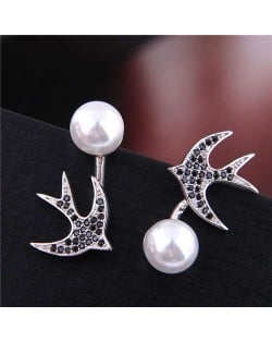 Cubic Zirconia Embellished Swallow Design Elegant Pearl Fashion Women Stud Earrings - Silver