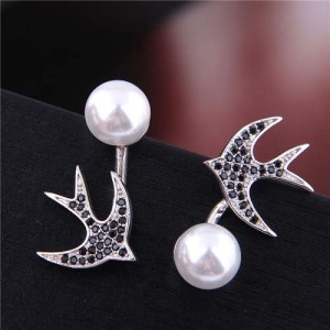 Cubic Zirconia Embellished Swallow Design Elegant Pearl Fashion Women Stud Earrings - Silver
