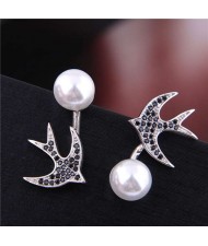 Cubic Zirconia Embellished Swallow Design Elegant Pearl Fashion Women Stud Earrings - Silver