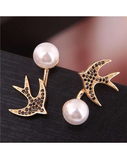 Cubic Zirconia Embellished Swallow Design Elegant Pearl Fashion Women Stud Earrings - Golden