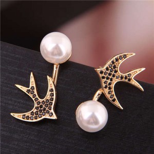 Cubic Zirconia Embellished Swallow Design Elegant Pearl Fashion Women Stud Earrings - Golden