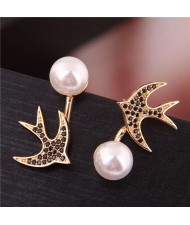 Cubic Zirconia Embellished Swallow Design Elegant Pearl Fashion Women Stud Earrings - Golden