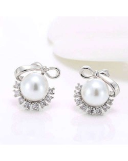 Pearl Fashion Korean Style Bowknot Design Adorable Women Costume Earrings - Silver