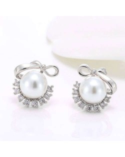 Pearl Fashion Korean Style Bowknot Design Adorable Women Costume Earrings - Silver