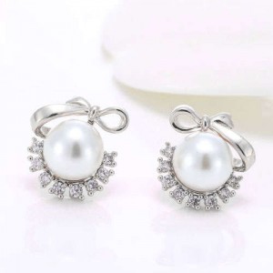 Pearl Fashion Korean Style Bowknot Design Adorable Women Costume Earrings - Silver