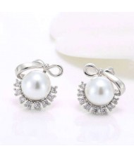 Pearl Fashion Korean Style Bowknot Design Adorable Women Costume Earrings - Silver