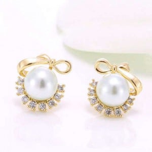 Pearl Fashion Korean Style Bowknot Design Adorable Women Costume Earrings - Golden