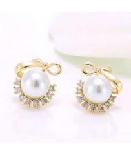Pearl Fashion Korean Style Bowknot Design Adorable Women Costume Earrings - Golden