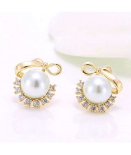 Pearl Fashion Korean Style Bowknot Design Adorable Women Costume Earrings - Golden