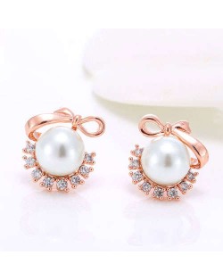 Pearl Fashion Korean Style Bowknot Design Adorable Women Costume Earrings - Rose Gold