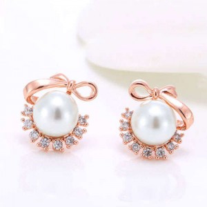 Pearl Fashion Korean Style Bowknot Design Adorable Women Costume Earrings - Rose Gold