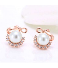 Pearl Fashion Korean Style Bowknot Design Adorable Women Costume Earrings - Rose Gold