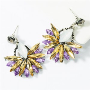 U.S.and European Vintage Fashion Dangling Flower Design Women Statement Earrings - Yellow Purple