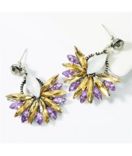 U.S.and European Vintage Fashion Dangling Flower Design Women Statement Earrings - Yellow Purple