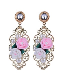 Pearl and Resin Flowers with Hollow Vines Vintage Fashion Women Stud Earrings