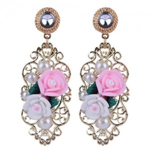 Pearl and Resin Flowers with Hollow Vines Vintage Fashion Women Stud Earrings