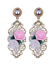 Pearl and Resin Flowers with Hollow Vines Vintage Fashion Women Stud Earrings