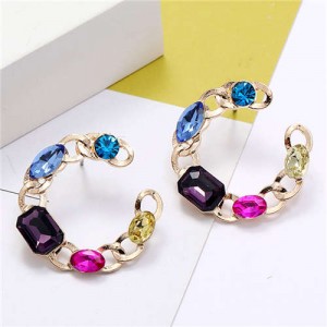 Multicolor Resin Gem Embellished Golden Hoop Shape Women Costume Earrings