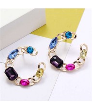 Multicolor Resin Gem Embellished Golden Hoop Shape Women Costume Earrings