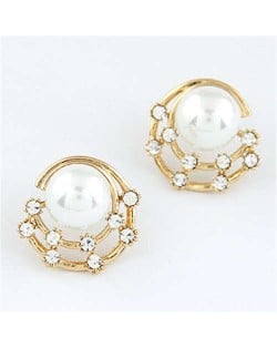 Czech Rhinestone Emebllished Pearl Inlaid Golden Fashion Women Stud Earrings