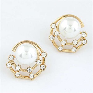 Czech Rhinestone Emebllished Pearl Inlaid Golden Fashion Women Stud Earrings