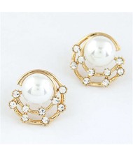 Czech Rhinestone Emebllished Pearl Inlaid Golden Fashion Women Stud Earrings