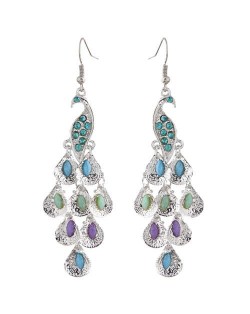 Rhinestone and Artificial Turquoise Embellished Peacock Design High Fashion Women Alloy Earrings - Silver