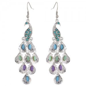 Rhinestone and Artificial Turquoise Embellished Peacock Design High Fashion Women Alloy Earrings - Silver
