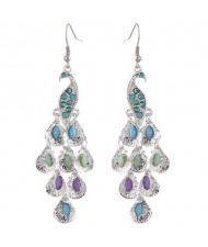 Rhinestone and Artificial Turquoise Embellished Peacock Design High Fashion Women Alloy Earrings - Silver