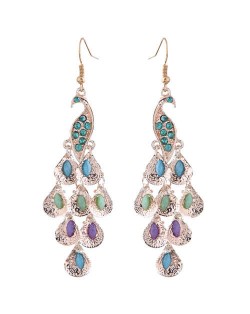Rhinestone and Artificial Turquoise Embellished Peacock Design High Fashion Women Alloy Earrings - Golden