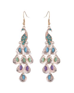 Rhinestone and Artificial Turquoise Embellished Peacock Design High Fashion Women Alloy Earrings - Golden