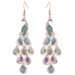 Rhinestone and Artificial Turquoise Embellished Peacock Design High Fashion Women Alloy Earrings - Golden
