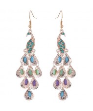 Rhinestone and Artificial Turquoise Embellished Peacock Design High Fashion Women Alloy Earrings - Golden
