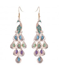 Rhinestone and Artificial Turquoise Embellished Peacock Design High Fashion Women Alloy Earrings - Golden