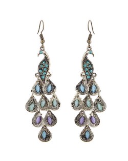 Rhinestone and Artificial Turquoise Embellished Peacock Design High Fashion Women Alloy Earrings - Vintage Style