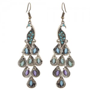 Rhinestone and Artificial Turquoise Embellished Peacock Design High Fashion Women Alloy Earrings - Vintage Style