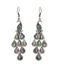 Rhinestone and Artificial Turquoise Embellished Peacock Design High Fashion Women Alloy Earrings - Vintage Style