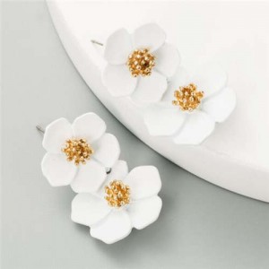 Golden Stamen Painted Spring Flowers Korean Fashion Women Statement Stud Earrings - White