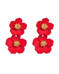 Golden Stamen Painted Spring Flowers Korean Fashion Women Statement Stud Earrings - Red